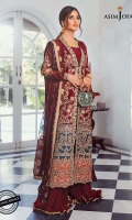 Embroidered front open panels (R/L) (W=12 H=39”) Embroidered back W=26"H=45" Embroidered sleeves W=39"H=26" Embroidered border on teal color for daman 52" Embroidered border on burnt orange color for daman 52" Thin embroidery border on teal for front open and sleeve hem 4 meter Dyed raw silk trouser 2.5 meter Dyed woven chiffon dupatta 2.5 meter