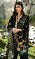 Embroidered front 2 embroidered sleeves 1.25 meter Velvet for back 30 inches embroidered border 1 meter embroidered border 2.5 meter dupatta 2.5 meter trouser