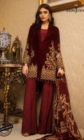 1 meter embroidered border 1.25 meter Velvet for back 2 embroidered sleeves 2 embroidered front panel 2.5 meter dupatta 2.5 meter trouser 1 meter embroidered border 1.25 meter Velvet for back 2 embroidered sleeves 2 embroidered front panel 2.5 meter dupatta 2.5 meter trouser