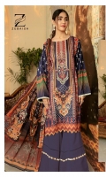 Embroidered with Digital printed Lawn front Digital printed Lawn Back Digital printed Lawn Sleeves Digital printed Chiffon Dupatta Dyed Cotton Trouser