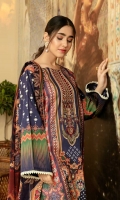 Embroidered with Digital printed Lawn front Digital printed Lawn Back Digital printed Lawn Sleeves Digital printed Chiffon Dupatta Dyed Cotton Trouser