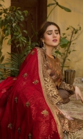 Embroidered Organza Front: 0.72 yard Embroidered Organza Back: 1 yard Plain Organza Panel: 0.33 yard Embroidered Organza Sleeves: 0.72 yard Embroidered Contrast Chiffon Dupatta: 2.50 yards Embroidered Front & Back Border: 2 yards Embroidered Grip Trouser: 2.50 yards