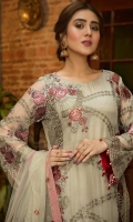 Embroidered Chiffon Front: 0.72 Yard Embroidered Chiffon Back: 1 Yard Embroidered Chiffon Sleeves: 0.72 Yard Embroidered Net Dupatta: 2.25 Yards Embroidered Grip Patched Palu: 1 yards Embroidered Organza Front & Back Border: 2 Yards Grip Trouser: 2.50 Yards