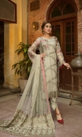 Embroidered Chiffon Front: 0.72 Yard Embroidered Chiffon Back: 1 Yard Embroidered Chiffon Sleeves: 0.72 Yard Embroidered Net Dupatta: 2.25 Yards Embroidered Grip Patched Palu: 1 yards Embroidered Organza Front & Back Border: 2 Yards Grip Trouser: 2.50 Yards