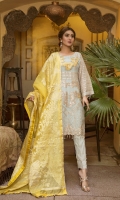 Embroidered Organza Front: 0.72 Yard Embroidered Organza Back: 1 Yard Plain Organza Panel: 0.33 Yard Embroidered Organza Sleeves: 0.72 Yard Contrast Banarsi Dupatta: 2.50 yards Embroidered Organza Border: 2 Yards Cotton Jamawar Trouser: 2.50 Yards