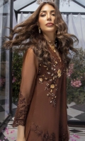 Look effortlessly chic in this chocolate brown outfit. The organza shirt adorned with 3D embellished motifs on the bodice, the front is further enhanced with sophisticated floral patterns, beautiful embroidery is done on sleeves and border. This outfit paired with straight pants.