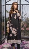 This ready-to-wear embroidered organza shirt in black designed with a loop neck, 3D embellished floral motifs on the front and sleeves, contrast color border further enhance the look. This outfit comes with raw silk straight pants with lace on borders.