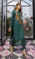 Our ready-to-wear cotton silk outfit in Emerald Green is done with perfection. This A-line shirt designed with the boat neck, heavily hand embellished work on the front with color contrast, sleeves and border are delicately embroidered. It comes in the same color straight pants.