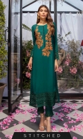 Our ready-to-wear cotton silk outfit in Emerald Green is done with perfection. This A-line shirt designed with the boat neck, heavily hand embellished work on the front with color contrast, sleeves and border are delicately embroidered. It comes in the same color straight pants.