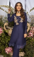 Get this Dreamy attire with our ultramarine ready-to-wear cotton silk outfit. This stunning peplum featuring intricate handwork detailing on the bodice with Kora and Dabka. Embroidered lace placed on sleeves and border. It’s style with slightly hand-placed pearl and embroidered bell-bottoms.
