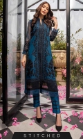 Be bold and classy in this midnight blue ensemble. Our ready-to-wear 2pcs outfit featuring a front open organza shirt with heavy 3D hand embellishment with zardozi and sequins work. It comes with raw silk straight pants with lace finished on the border.