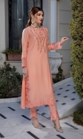 This beautiful airline long shirt in peach colour is rendered on cotton silk fabric decorated with kora, dabka and beads all over the bodice. The shirt is further enhanced with embroidered slits and hemline. It comes with an embroidered cotton silk trouser.