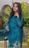 An aesthetically alluring attire is displayed on this fancy blue organza fabric featuring a contemporary embroidered front with floral scalloped border and sleeves. This chic shirt is paired with beautifully embroidered raw silk trousers. Style this timeless design to look effortlessly gorgeous. The sleeves lining comes with the product and can be attached if needed.