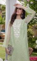 A fascinating composition is illustrated on the schifilli mint organza canvas. The shirt is gracefully adorned with a floral embroidered neckline and bottom. It comes with scalloped pleated raw silk straight pants. This elegant ensemble is an ideal choice to style at festive occasions. The sleeves lining comes with the product and can be attached if needed.