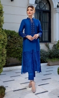 An appealing composition portrays a fancy blue cotton silk canvas adorned with intricate embellishments with kora, dabka, and cut dana on the band collar neckline. Enhanced with sophisticated embroidery on the front and sleeves. This magnificent design is paired with an embroidered cotton silk straight pants. This outfit is the perfect choice for any event.