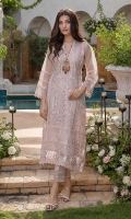 A classy pastel hue organza ensemble is artistically embellished with floral embroidery at the front and sleeves with the playfulness of delicate laces on the ban neckline and all over the shirt. Paired with an embroidered tonal raw silk straight pants. The sleeves lining comes with the product and can be attached if needed.