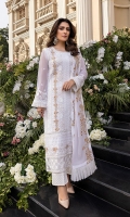 Sequins Embroidered Chiffon Front: 1yard Sequins Embroidered Chiffon Sleeves: 0.62yards Dyed Chiffon Back: 1.25yards Sequins Embroidered Chiffon Dupatta: 2.5yards Embroidered Front Organza Border: 0.82yards Embroidered Back Organza Border: 0.82yards Embroidered Trouser Border: 1 meter White Raw Silk Bottom Fabric: 2.5yards White Organza for Dupatta Frills: 1.5yards Shirt Length with Borders: 48”+ Inner Fabric Included