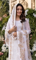 Sequins Embroidered Chiffon Front: 1yard Sequins Embroidered Chiffon Sleeves: 0.62yards Dyed Chiffon Back: 1.25yards Sequins Embroidered Chiffon Dupatta: 2.5yards Embroidered Front Organza Border: 0.82yards Embroidered Back Organza Border: 0.82yards Embroidered Trouser Border: 1 meter White Raw Silk Bottom Fabric: 2.5yards White Organza for Dupatta Frills: 1.5yards Shirt Length with Borders: 48”+ Inner Fabric Included