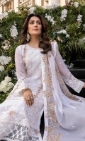 Sequins Embroidered Chiffon Front: 1yard Sequins Embroidered Chiffon Sleeves: 0.62yards Dyed Chiffon Back: 1.25yards Sequins Embroidered Chiffon Dupatta: 2.5yards Embroidered Front Organza Border: 0.82yards Embroidered Back Organza Border: 0.82yards Embroidered Trouser Border: 1 meter White Raw Silk Bottom Fabric: 2.5yards White Organza for Dupatta Frills: 1.5yards Shirt Length with Borders: 48”+ Inner Fabric Included