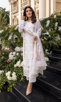 Sequins Embroidered Chiffon Front: 1yard Sequins Embroidered Chiffon Sleeves: 0.62yards Dyed Chiffon Back: 1.25yards Sequins Embroidered Chiffon Dupatta: 2.5yards Embroidered Front Organza Border: 0.82yards Embroidered Back Organza Border: 0.82yards Embroidered Trouser Border: 1 meter White Raw Silk Bottom Fabric: 2.5yards White Organza for Dupatta Frills: 1.5yards Shirt Length with Borders: 48”+ Inner Fabric Included