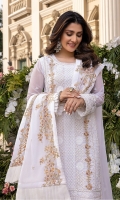 Sequins Embroidered Chiffon Front: 1yard Sequins Embroidered Chiffon Sleeves: 0.62yards Dyed Chiffon Back: 1.25yards Sequins Embroidered Chiffon Dupatta: 2.5yards Embroidered Front Organza Border: 0.82yards Embroidered Back Organza Border: 0.82yards Embroidered Trouser Border: 1 meter White Raw Silk Bottom Fabric: 2.5yards White Organza for Dupatta Frills: 1.5yards Shirt Length with Borders: 48”+ Inner Fabric Included