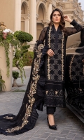 Sequins Embroidered Chiffon Front: 1yard Sequins Embroidered Chiffon Sleeves: 0.62yards Dyed Chiffon Back: 1.25yards Sequins Embroidered Chiffon Dupatta: 2.5yards Embroidered Front Organza Border: 0.82yards Embroidered Back Organza Border: 0.82yards Embroidered Trouser Border: 1 meter Black Raw Silk Bottom Fabric: 2.5yards Black Organza for Dupatta Frills: 3yards Shirt Length with Borders: 48”+ Inner Fabric Included