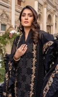 Sequins Embroidered Chiffon Front: 1yard Sequins Embroidered Chiffon Sleeves: 0.62yards Dyed Chiffon Back: 1.25yards Sequins Embroidered Chiffon Dupatta: 2.5yards Embroidered Front Organza Border: 0.82yards Embroidered Back Organza Border: 0.82yards Embroidered Trouser Border: 1 meter Black Raw Silk Bottom Fabric: 2.5yards Black Organza for Dupatta Frills: 3yards Shirt Length with Borders: 48”+ Inner Fabric Included