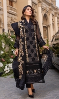Sequins Embroidered Chiffon Front: 1yard Sequins Embroidered Chiffon Sleeves: 0.62yards Dyed Chiffon Back: 1.25yards Sequins Embroidered Chiffon Dupatta: 2.5yards Embroidered Front Organza Border: 0.82yards Embroidered Back Organza Border: 0.82yards Embroidered Trouser Border: 1 meter Black Raw Silk Bottom Fabric: 2.5yards Black Organza for Dupatta Frills: 3yards Shirt Length with Borders: 48”+ Inner Fabric Included