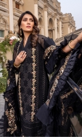 Sequins Embroidered Chiffon Front: 1yard Sequins Embroidered Chiffon Sleeves: 0.62yards Dyed Chiffon Back: 1.25yards Sequins Embroidered Chiffon Dupatta: 2.5yards Embroidered Front Organza Border: 0.82yards Embroidered Back Organza Border: 0.82yards Embroidered Trouser Border: 1 meter Black Raw Silk Bottom Fabric: 2.5yards Black Organza for Dupatta Frills: 3yards Shirt Length with Borders: 48”+ Inner Fabric Included