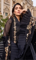 Sequins Embroidered Chiffon Front: 1yard Sequins Embroidered Chiffon Sleeves: 0.62yards Dyed Chiffon Back: 1.25yards Sequins Embroidered Chiffon Dupatta: 2.5yards Embroidered Front Organza Border: 0.82yards Embroidered Back Organza Border: 0.82yards Embroidered Trouser Border: 1 meter Black Raw Silk Bottom Fabric: 2.5yards Black Organza for Dupatta Frills: 3yards Shirt Length with Borders: 48”+ Inner Fabric Included