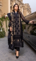 Sequins Embroidered Chiffon Front: 1yard Sequins Embroidered Chiffon Sleeves: 0.62yards Dyed Chiffon Back: 1.25yards Sequins Embroidered Chiffon Dupatta: 2.5yards Embroidered Front Organza Border: 0.82yards Embroidered Back Organza Border: 0.82yards Embroidered Trouser Border: 1 meter Black Raw Silk Bottom Fabric: 2.5yards Black Organza for Dupatta Frills: 3yards Shirt Length with Borders: 48”+ Inner Fabric Included
