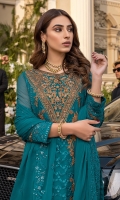 Sequins Embroidered Chiffon Front: 1yard Sequins Embroidered Neck patch: 1piece Sequins Embroidered Chiffon Sleeves: 0.62yards Dyed Chiffon Back: 1.25yards Sequins Embroidered Chiffon Dupatta: 2.5yards Embroidered Front Organza Border: 0.82yards Embroidered Back Organza Border: 0.82yards Embroidered Trouser Border: 1 meter Dyed Raw Silk Bottom Fabric: 2.5yards Shirt Length with Borders: 48”+ Inner Fabric Included