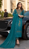 Sequins Embroidered Chiffon Front: 1yard Sequins Embroidered Neck patch: 1piece Sequins Embroidered Chiffon Sleeves: 0.62yards Dyed Chiffon Back: 1.25yards Sequins Embroidered Chiffon Dupatta: 2.5yards Embroidered Front Organza Border: 0.82yards Embroidered Back Organza Border: 0.82yards Embroidered Trouser Border: 1 meter Dyed Raw Silk Bottom Fabric: 2.5yards Shirt Length with Borders: 48”+ Inner Fabric Included