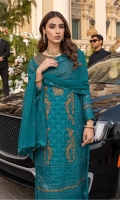 Sequins Embroidered Chiffon Front: 1yard Sequins Embroidered Neck patch: 1piece Sequins Embroidered Chiffon Sleeves: 0.62yards Dyed Chiffon Back: 1.25yards Sequins Embroidered Chiffon Dupatta: 2.5yards Embroidered Front Organza Border: 0.82yards Embroidered Back Organza Border: 0.82yards Embroidered Trouser Border: 1 meter Dyed Raw Silk Bottom Fabric: 2.5yards Shirt Length with Borders: 48”+ Inner Fabric Included