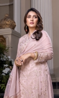 Sequins Embroidered Chiffon Front: 1yard Sequins Embroidered Chiffon Sleeves: 0.62yards Dyed Chiffon Back: 1.25yards Sequins Embroidered Chiffon Dupatta: 2yards Sequins Embroidered Dupatta Pallu: 2pcs Embroidered Front Organza Border: 0.82yards Embroidered Back Organza Border: 0.82yards Embroidered Trouser Border: 1 meter Dyed Raw Silk Bottom Fabric: 2.5yards Shirt Length with Border: 48”+ Inner Fabric Included