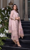 Sequins Embroidered Chiffon Front: 1yard Sequins Embroidered Chiffon Sleeves: 0.62yards Dyed Chiffon Back: 1.25yards Sequins Embroidered Chiffon Dupatta: 2yards Sequins Embroidered Dupatta Pallu: 2pcs Embroidered Front Organza Border: 0.82yards Embroidered Back Organza Border: 0.82yards Embroidered Trouser Border: 1 meter Dyed Raw Silk Bottom Fabric: 2.5yards Shirt Length with Border: 48”+ Inner Fabric Included