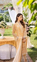 Embroidered Chiffon Front: 1 Yard (Shirt Length with Border 43”+) Embroidered Chiffon Sleeves: 0.62 Yards Dyed Chiffon Back: 1.25 Yards Embroidered Tie & Dye Chiffon Dupatta: 2.5 Yards 2 Embroidered Organza Trouser Borders (22”x2) Dyed Rawsilk Bottom Fabric: 2.5 Yards Inner Fabric Included