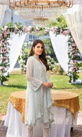 Embroidered Chiffon Front: 1 Yard (Shirt Length with Border 43”+) Embroidered Chiffon Sleeves: 0.62 Yards Dyed Chiffon Back: 1.25 Yards Embroidered Tie & Dye Chiffon Dupatta: 2.5 Yards 2 Embroidered Organza Trouser Borders (22”x2) Dyed Rawsilk Bottom Fabric: 2.5 Yards Inner Fabric Included
