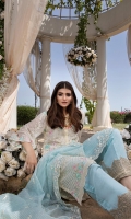 Sequins Embroidered Chiffon Front 1 Yard Embroidered Chiffon Back 1 Yard Sequins Embroidered Chiffon Sleeves 0.6 Yards Sequins Embroidered Striped Organza Dupatta 2.5 Yards 2 Zari Embroidered Trouser Laces Dyed Raw Silk Bottom Fabric 2.5 Yards Shirt Length with Border: 42”+ Shirt Width: 30”