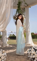 Sequins Embroidered Chiffon Front 1 Yard Embroidered Chiffon Back 1 Yard Sequins Embroidered Chiffon Sleeves 0.6 Yards Sequins Embroidered Striped Organza Dupatta 2.5 Yards 2 Zari Embroidered Trouser Laces Dyed Raw Silk Bottom Fabric 2.5 Yards Shirt Length with Border: 42”+ Shirt Width: 30”