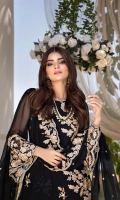 Sequins Embroidered Chiffon Front 1.2 Yards Embroidered Chiffon Back 1.2 Yards Sequins Embroidered Chiffon Sleeves 0.6 Yards Sequins Embroidered Chiffon Dupatta 2.5 Yards 2 Embroidered Trouser Bunches Dyed Raw Silk Bottom Fabric 2.5 Yards Shirt Length: 42”+ Shirt Width: 40”