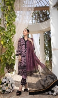 Sequins Embroidered Chiffon Front 1 Yard Embroidered Chiffon Back 1 Yard Sequins Embroidered Chiffon Sleeves 0.6 Yards Zari Embroidered Striped Organza Dupatta 2.5 Yards 2 Embroidered Trouser Laces Dyed Raw Silk Bottom Fabric 2.5 Yards Shirt Length with Border: 42”+ Shirt Width: 30”