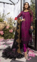 Sequins Embroidered Chiffon Front: 1yard Sequins Embroidered Chiffon Sleeves: 0.72yards Dyed Chiffon Back: 1.25yards Embroidered Chiffon Dupatta: 2.5yards Embroidered Trouser bunches x 2 Dyed Raw Silk Bottom Fabric: 2.5yards Shirt Length with Border: 44”+ Inner Fabric Included