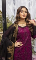 Sequins Embroidered Chiffon Front: 1yard Sequins Embroidered Chiffon Sleeves: 0.72yards Dyed Chiffon Back: 1.25yards Embroidered Chiffon Dupatta: 2.5yards Embroidered Trouser bunches x 2 Dyed Raw Silk Bottom Fabric: 2.5yards Shirt Length with Border: 44”+ Inner Fabric Included