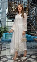 Sequins Embroidered Chiffon Front: 1yard Sequins Embroidered Chiffon Sleeves: 0.62yards Dyed Chiffon Back: 1.25yards Embroidered Chiffon Dupatta: 2.5yards Embroidered Trouser Lace x 2 White Raw Silk Bottom Fabric: 2.5yards White Organza for Dupatta Frills: 1 yard Shirt Length with Border: 44”+ Inner Fabric Included