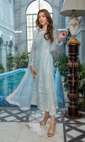 Sequins Embroidered Chiffon Front: 1yard Sequins Embroidered Chiffon Sleeves: 0.62yards Dyed Chiffon Back: 1.25yards Embroidered Tie & Dye Chiffon Dupatta: 2.5yards Embroidered Trouser bunches x 2 Dyed Raw Silk Bottom Fabric: 2.5yards Shirt Length with Border: 44”+ Inner Fabric Included