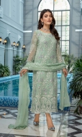 Embroidered Chiffon Front: 1yard Embroidered Chiffon Sleeves: 0.62yards Dyed Chiffon Back: 1.25yards Embroidered Chiffon Dupatta: 2.5yards Embroidered Trouser Lace x 2 Dyed Raw Silk Bottom Fabric: 2.5yards Shirt Length with Border: 44”+ Inner Fabric Included