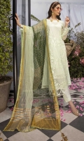 Embroidered Chiffon Front: 1yard Embroidered Chiffon Sleeves: 0.62yards Dyed Chiffon Back: 1.25yards Striped Organza Multi-Color Dupatta: 2.5yards Embroidered Trouser Borders x 2 Dyed Raw Silk Bottom Fabric: 2.5yards Shirt Length with Border: 44”+ Inner Fabric Included