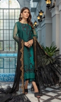 Sequins Embroidered Organza Front: 1pc Sequins Embroidered Organza Sleeves: 0.62yards Dyed organza Back: 1 yard Embroidered Chiffon Dupatta: 2.5yards Embroidered Trouser Lace x 2 Dyed Raw Silk Bottom Fabric: 2.5yards Shirt Length: 40”+ Dyed black organza for Dupatta Frills: 1yard Inner Fabric Included