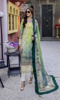 Embroidered and Digital Printed Lawn Front: 1.2yards Digital Printed Lawn Back: 1.2yards Digital Printed Lawn Sleeves: 0.62yards Embroidered Organza Daman border: 0.82 yards Embroidered Organza Sleeve Laces: 2pcs Chiffon Digital Printed Dupatta: 2.5yards Premium Cotton fabric for bottom: 2.5 meters Embroidered Trouser Bunches: 2pcs Shirt Length with border: 48”+ Shirt width: 30”+